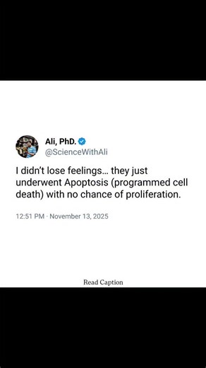 Dr. Ali -PhD || PU 🇮🇳 on Instagram: "Apoptosis, often called programmed cell death, is a finely tuned biological process that allows cells to die in a controlled and purposeful manner, maintaining balance within the body. It’s the cell’s way of accepting its fate gracefully without inflammation or chaos by fragmenting its DNA and shrinking into silence. Heartbreak, in many ways, mirrors apoptosis on an emotional level. When love ends, the mind initiates its own form of emotional 