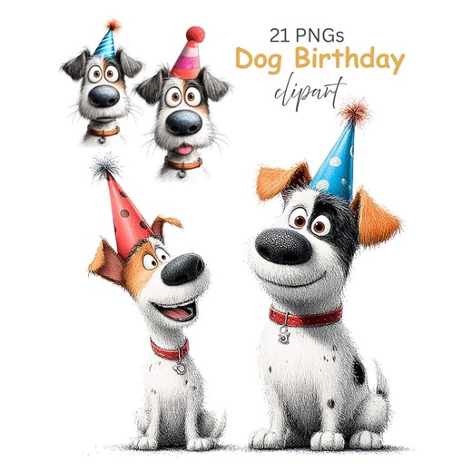Dog Birthday With Party Hat Clipart: Cartoon Graphics (digital Download - 21 Pngs) - Etsy