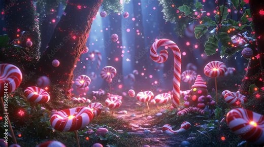 Enchanted Candy Forest Path with Glowing Peppermints and Festive Christmas Lights