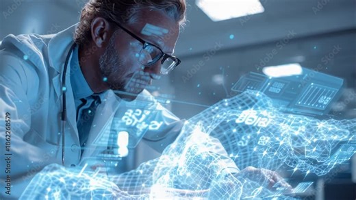 Doctor Analyzing Futuristic Hologram Human Body Scan Medical Technology Healthcare Innovation Research Science Diagnostics Data Visualization Artificial Intelligence AI Future Medicine