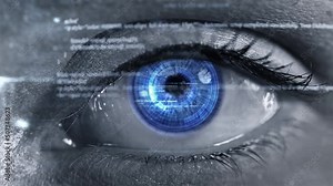 Futuristic Eye with Program Code And Hub. Macro Shot of Iris with Data Code Animation. Representing Concepts as Virtual Reality, Face Recognition, Augmented Reality, Surveillance System, Human Cyborg
