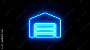 Warehouse neon sign appear in center and disappear after some time. Animated blue neon icon on black background. Looped animation.