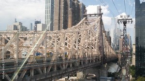 New York City Roosevelt Island tramway to Manhattan Midtown streets. American cable tram near Queensboro Bridge. Urban public transport in USA. Upper east side building architecture, skyline cityscape
