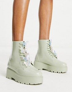 ASOS DESIGN Guava butterfly lace up wellies in mint green | ASOS
