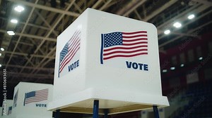Voting booth with American flag logo at polling station. National Election Day in the United States of America. Presidential race and elections coverage. Civic duty, patriotism and democracy concept.