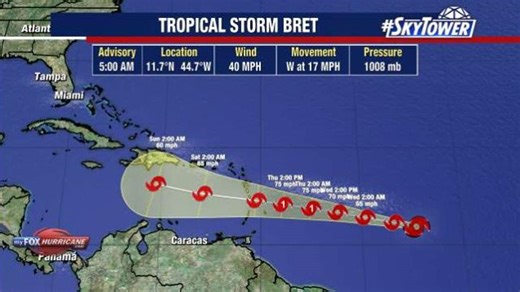 Tropical Storm Bret moves closer to Caribbean Sea, expected to encounter hostile upper level winds