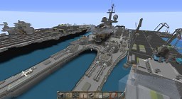 2 catamaran warships with escort ships in a artificial harbor Minecraft Map