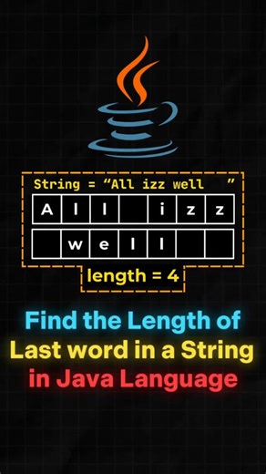 harish on Instagram: "Find the length of Last word in a String in Java Language ☕ Follow @codingknowledge_ for more 🔥💯 @codingknowledge_ @codingknowledge_ - Join our growing community on TELEGRAM 🚀 (Link in bio) to get access to all the resources! 🌏 Don’t forget to share with friends for more support 🫂 Let's code and grow together!🤌 Follow @codingknowledge_ for more 🚀 @codingknowledge_ 🔥 @codingknowledge_ 🔥 ___________________ Hashtags:- #coding #java #javaprogramming #javaquestionandan