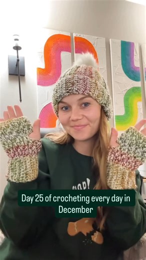 Jordyn on Instagram: "Day 25! Merry Christmas if you celebrate!! I’ll admit these clips are actually from days 23 and 24, but had to share myself finishing this matching beanie and fingerless gloves set! I loved making these, loved gifting them away today, loved the holiday season with my family, and love that I have some slower-paced days ahead 😅😅 For this set I used @crafty_mama_mir Maggie’s Beanie pattern and @theturtletrunk Country Cottage Fingerless Gloves YouTube tutorial. Highly recomme