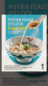 ⏰ It’s Feast O’Clock at PUTIEN Podium! Enjoy 50% OFF on our à la carte menu — the perfect treat for your afternoons! 📅 Weekdays | 2PM–5PM | Dine-in only ❌ Not available on weekends & holidays 🗓 June 16 – November 28, 2025 Perfect time. Perfect meal. Don’t miss out! BRANCHES: 📍The Podium, 5th floor, Ortigas Mandaluyong City 📍Unit 0207, Second Floor, Mitsukoshi BGC, 8th Ave. Cor. 36th St., Grand Central Park, North BGC, Taguig City Open daily! 11:00 AM to 10:00 PM For inquiries and reservation