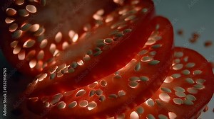 Translucent red pepper slices reveal inner seeds, illuminated from behind