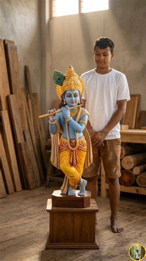 👉 Wooden Krishna Murti Making 😲 | 3 Feet Hand Carving Process 🔥 #shorts