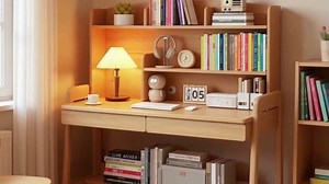 Kids Desk Wooden Childrens Study Desk with Bookshelf＆Two Drawers, Adjustable Kids Desk for Study＆Writing＆Computer＆Workstation, Nature（Chair is not Included）