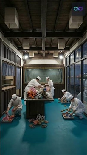 Sushi Chefs Build a Coral Reef Beneath Crystal Water on a Floor