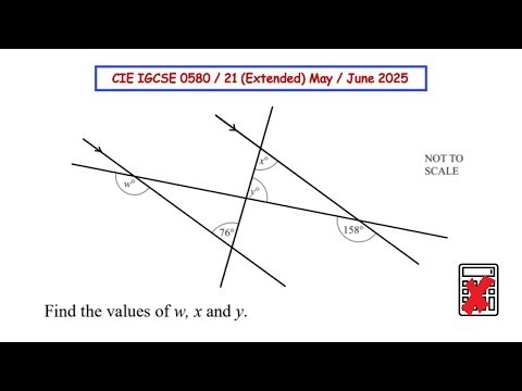The diagram shows two parallel lines intersecting two straight lines. Find the values of w, x and y.