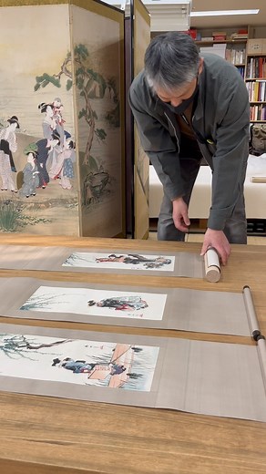 20K views · 436 reactions | We stopped by the Asian Conservation Studio, where Japanese paintings conservator Tatsuya Yamauchi is preparing works for our upcoming exhibition “Hokusai: Inspiration and Influence.” He recently remounted this set of three hanging scrolls, which were made by Hokusai’s contemporaries. | Museum of Fine Arts, Boston | Facebook