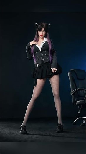 Realistic Silicone Doll in Black Skirt & Purple Hair: Seductive Pose & Costume Details