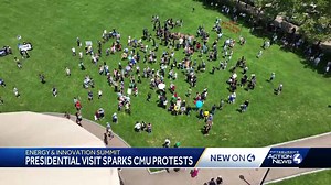 Hundreds march in protest of Trump visit and energy summit at CMU