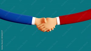 Handshake 3d cartoon hands. Handshake of blue and red hands. Looping animation with alpha channel.