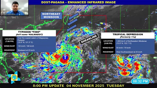 Press Briefing via Zoom : Typhoon TINO {KALMAEGI} at 8PM | November 04, 2025 - Tuesday DOST-PAGASA Weather Specialist : Obet Badrina #weatherreport #dostpagasa For more detailed information please visit these links: Tropical Cyclone Bulletin : https://bagong.pagasa.dost.gov.ph/tropical-cyclone/severe-weather-bulletin Weather Advisory : https://bagong.pagasa.dost.gov.ph/weather/weather-advisory Storm Surge Warning: https://bagong.pagasa.dost.gov.ph/tropical-cyclone/forecast-storm-surge Gale Warni