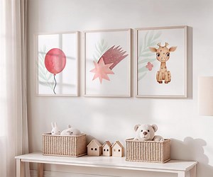 Baby Girl Nursery Wall Art – Watercolor Shooting Star, Balloon & Baby Giraffe Prints – Set of 3 Pastel Kids Room Posters - Etsy