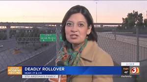 WATCH: Just as reporter Karla Navarrete was getting ready to do her live report on a deadly rollover crash near the I-10 and I-17 interchange in Phoenix, another car crashed in a nearby area. DPS tells us the driver only suffered minor injuries. STORY: https://bit.ly/2TUluyW Deadly rollover closes ramp on Phoenix freeway: https://bit.ly/2Ij5g1a | azfamily 3TV CBS 5