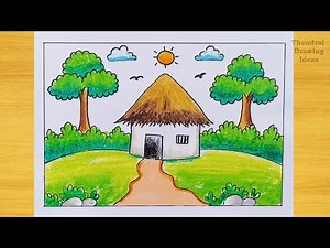 How to Draw a Hut in a Village Scenery | Simple Hut Drawing for Kids