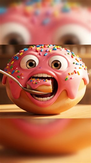 Realistic cute foods coming alive, eating their own bites with joy 🍫🍓🥤🧀