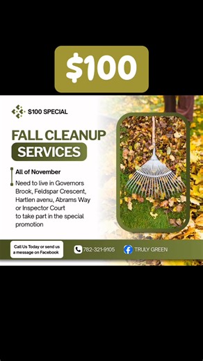 Our fall clean up includes: 🍂 Raking and collecting leaves 🌿 Bagging debris 🧹 General yard tidy-up Customers provide the bags for all clean-up and disposal. If you’d like us to haul everything away by trailer, we can do that for an additional charge — just let us know ahead of time! ⸻ Terms & Conditions ✅ The $100 Fall Clean Up offer applies to the listed service areas only (Governors Brook, Feldspar Crescent, Hartlen Avenue, Abrams Way, and Inspector Court). ✅ This price covers standard leaf