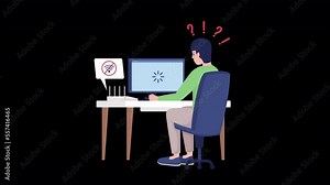Animated internet problem. Low loading speed. Full body flat person on black background with alpha channel transparency. Colorful cartoon style HD video footage of character for animation