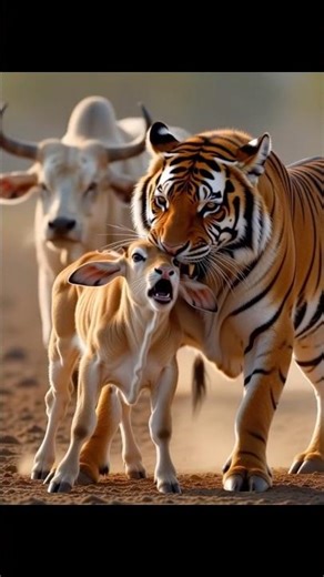 The tiger came to eat the baby cow, but the mother saved it.