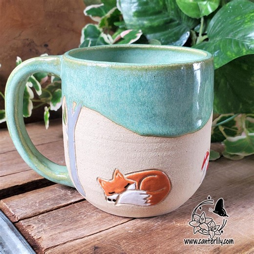 Fox & Forest Mug- 16 Oz, Stoneware - Wheel Thrown Pottery - Etsy