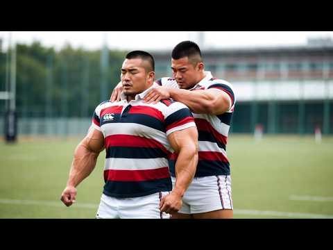 Muscular rugby players giving massages from behind