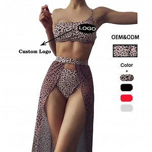 [Hot Item] OEM & ODM 3 PC Wholesale Swimwear One Shoulder Sexy Leopard Swimsuits Bikini with Transparent Skirt Mesh Cover up
