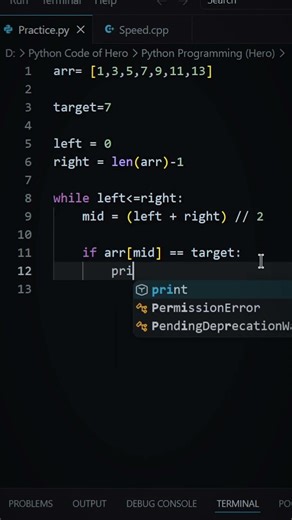 Binary Search in Python 🔍 | Find Faster in O(log n) ⚡ #Shorts #Hero