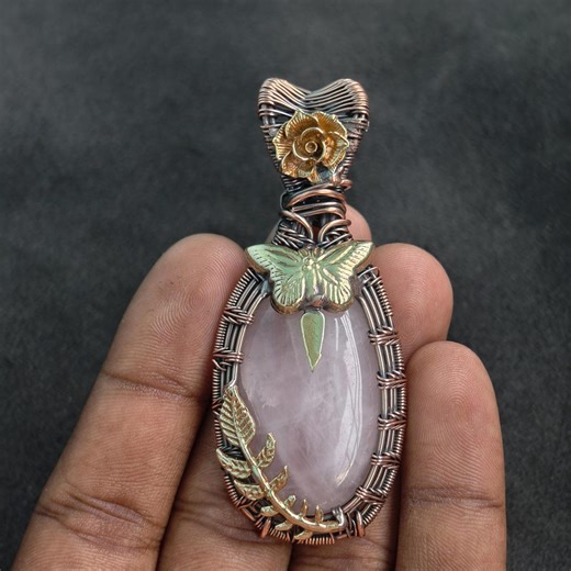 Copper Wire Wrapped Rose Quartz Pendant Necklace | Handmade Pink Crystal Jewelry | Healing Gemstone Gift for Her - Etsy