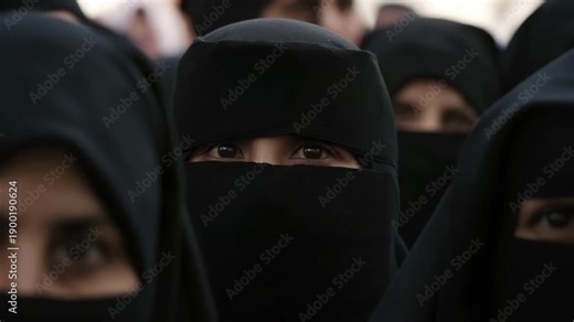 "Afghan women wearing black niqab with very tight crop on central subject, frame filled almost entirely by eyes and upper veil 4K