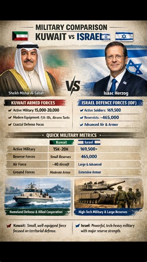 📊 Military Comparison — Kuwait 🇰🇼 vs. Israel 🇮🇱 🇮🇱 Israel Defence Forces (IDF) President: Isaac Herzog (head of state; mainly ceremonial) � Active Soldiers: Approx. 169,500 � Reservists: ~465,000 � Capabilities: • Mandatory service large reserve system • Advanced air force and tank units • Modern air-defense systems and tech-heavy military Bilateral Navigator Wikipedia Wikipedia 📌 Strategic posture focused on regional deterrence, high-tech warfare and reserve mobilization. 🇰🇼 Kuwait Ar
