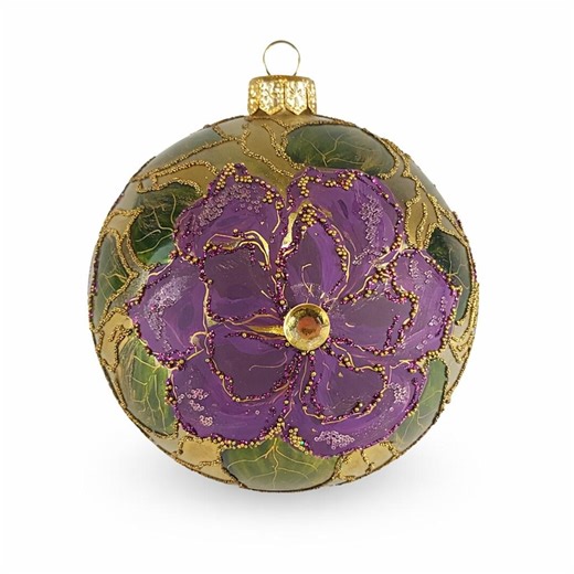 Hand-painted Glass Christmas Ornament – Purple Floral Design With Gold Details - Etsy