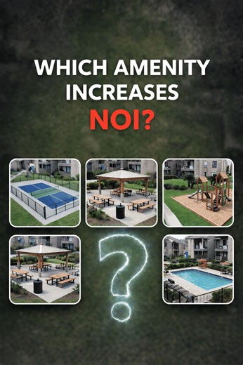 Which option do you think will increase NOI the most? 1. Pool/ splash pad 2. Playground 3. Tennis/ pickleball court 4. Dog park 5. Picnic tables with a gazebo Drop your guess in the comments (bonus points if you comment on our Facebook and LinkedIn posts). When we release the follow-up video showing what we actually built, we’ll pick a few correct answers and send out some swag such as YETI mugs.