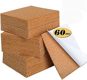 Self Adhesive Cork Squares 60 PCS Cork Adhesive Sheets 4 x 4 Inch for Coasters and DIY Crafts, Cork Board Squares Cork Backing Sheets Mini Wall Cork Tiles Mat with Strong Adhesive