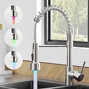 Kitchen Faucet with LED Light, Modern Single Handle Pull Down Sprayer Spring Brushed Nickel Kitchen Sink Faucet with LED Light