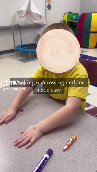 ✨Super low, almost no prep “We’re almost out of time but I wanna do one more thing” activities ✨ This simple setup targets crossing midline, which is a key skill for motor coordination, handwriting, and body awareness. Benefits of improving midline crossing: - Builds stronger left–right brain connection - Improves bilateral coordination (using both hands together!) - Supports handwriting fluency and reading skills - Enhances core stability and postural control - Boosts attention and body awarene