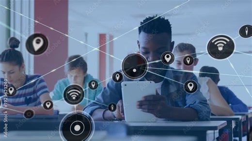 Male student tapping tablet and initiating animated node network forming around him in education