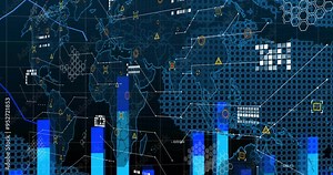 World map with data points and graphs, global data analysis animation