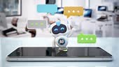 Compact robot icon communicates with speech bubbles on smartphone in...