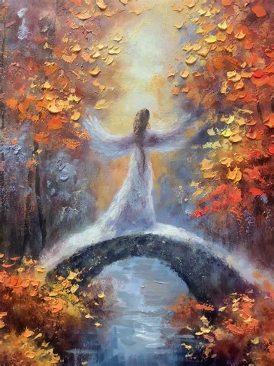Original Abstract Angel Girl Oil Painting On Canvas,Autumn Forest Natural Landscape Painting