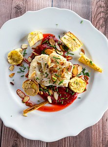 Baked Halibut Recipe With Blood Orange Beet Purée - Tastefully Grace