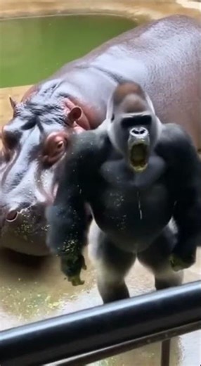 Gorilla Looks at Hippo - Too Ugly - Vomits! 🤮 #viral #gorilla #hippo #funny #zoo