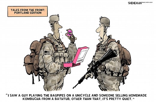 Editorial cartoons for Oct. 12, 2025: Military in cities, government shutdown continued